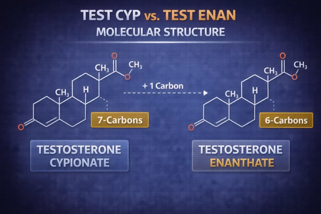 Side-by-side molecular structure diagrams of Testosterone Cypionate and Testosterone Enanthate, highlighting the one-carbon difference in their ester chains.