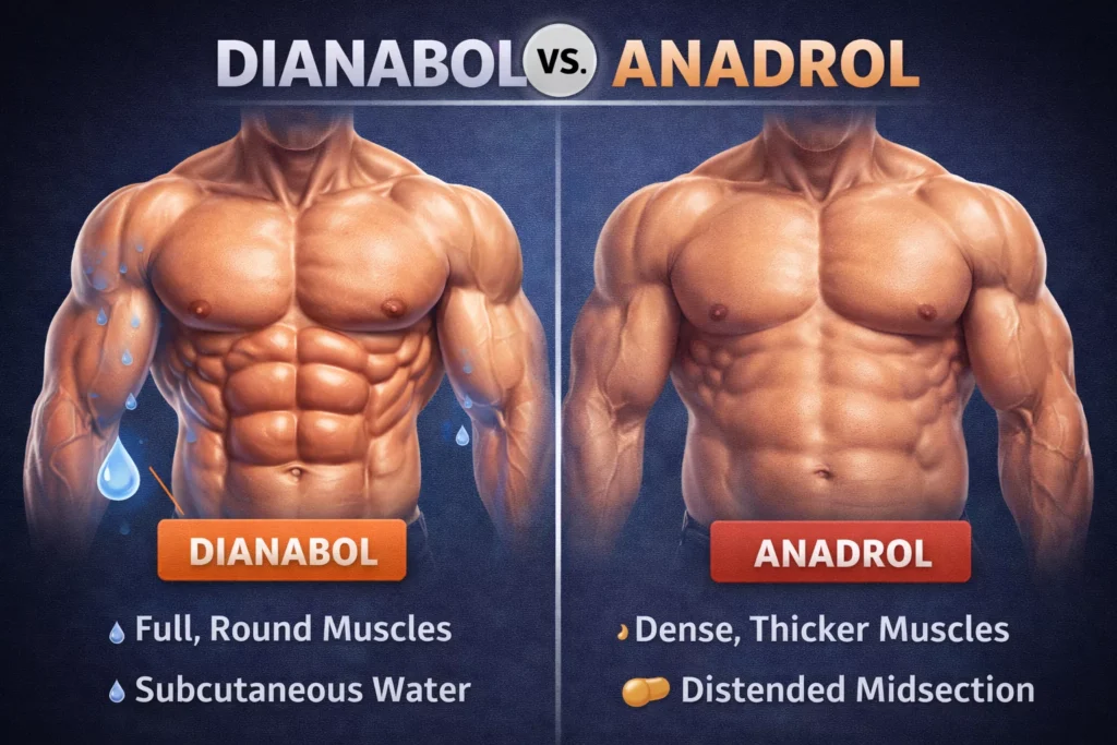 Visual comparison of a physique influenced by Dianabol versus one influenced by Anadrol, highlighting differences in muscle fullness and water retention.