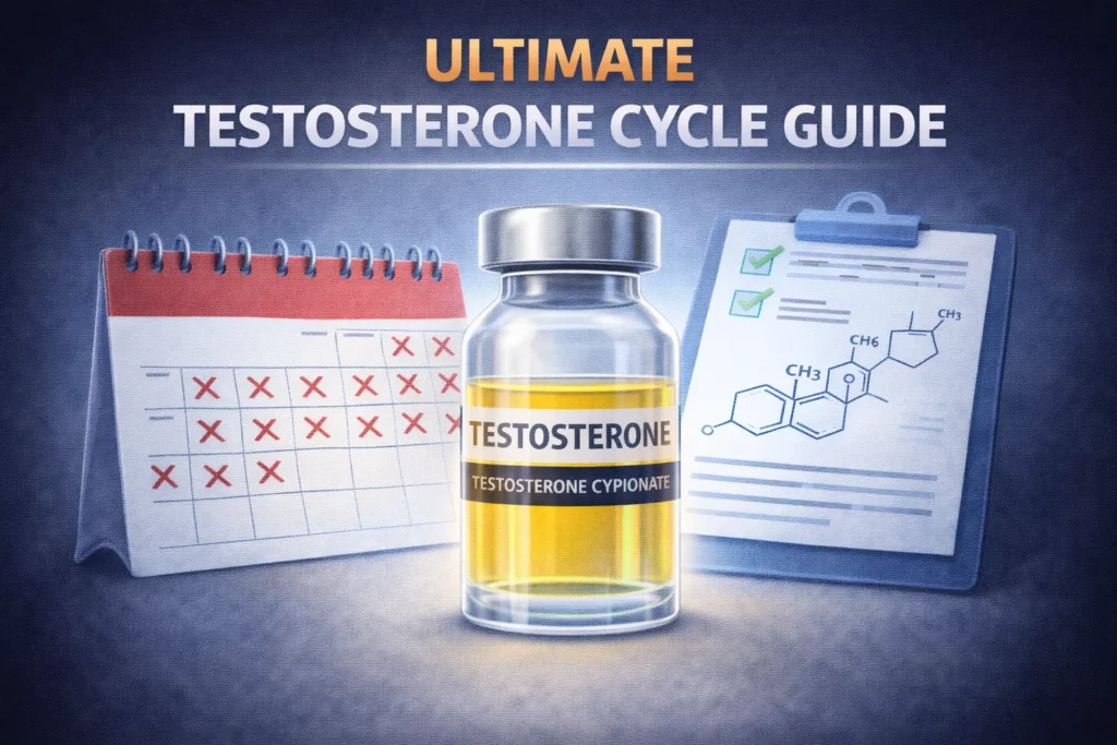 Conceptual image for the ultimate testosterone cycle guide, showing a vial of testosterone with a calendar and medical chart in the background.