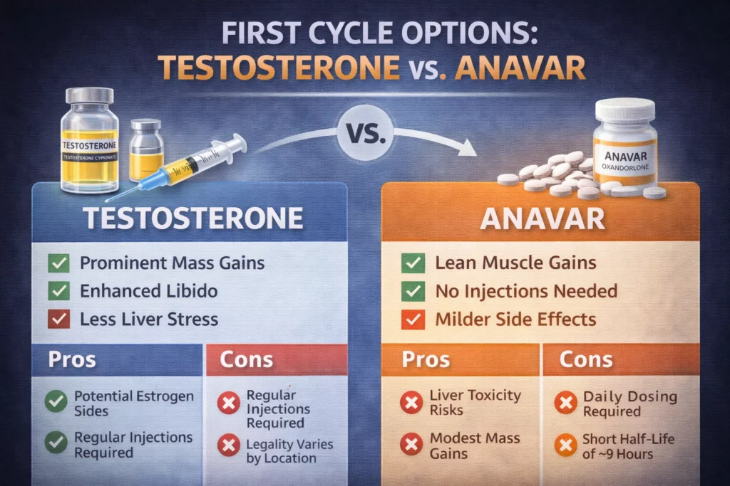 Side-by-side comparison infographic of Testosterone and Anavar for a first steroid cycle, listing key pros, cons, and considerations.