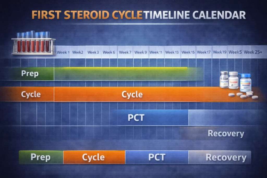 Gantt chart calendar illustrating the 25+ week timeline of a first steroid cycle, including prep, cycle, PCT, and recovery phases.