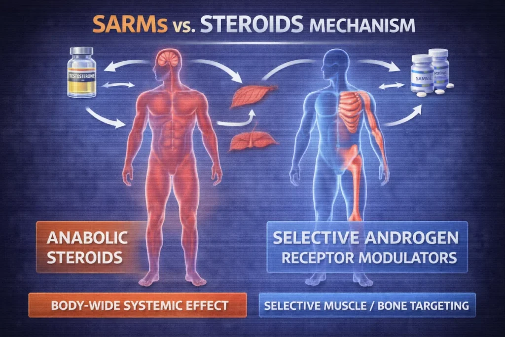 Infographic comparing the body-wide systemic effect of anabolic steroids versus the theoretical selective muscle/bone targeting of SARMs.
