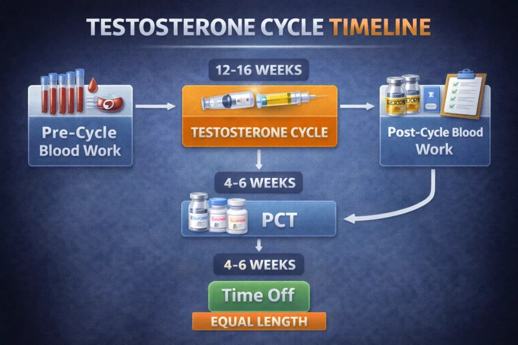 Flow chart illustrating the complete timeline of a testosterone cycle from pre-cycle blood work through PCT and time off.