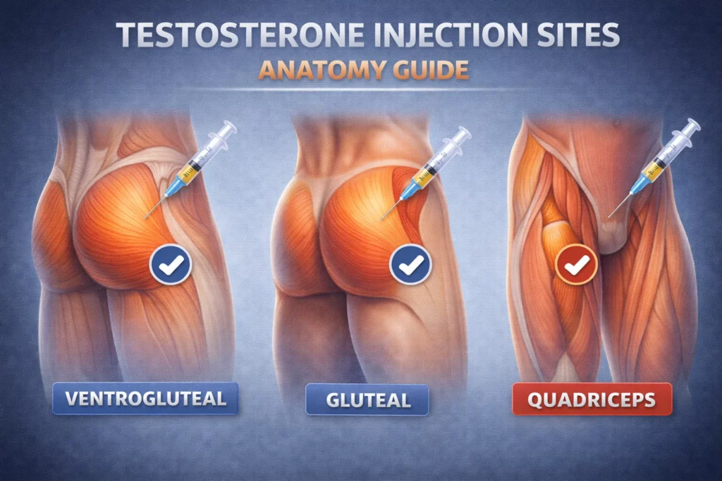 Anatomical diagram highlighting the ventrogluteal, gluteal, and quadriceps muscles as safe sites for intramuscular testosterone injection.