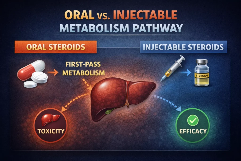 Infographic: Oral steroids undergo "first-pass" liver metabolism, while injectables bypass this, leading to key differences in toxicity and efficacy.
