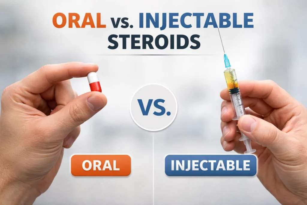 A balanced comparison photo showing a single steroid pill in one hand and a single sterile syringe in the other, on a neutral background.