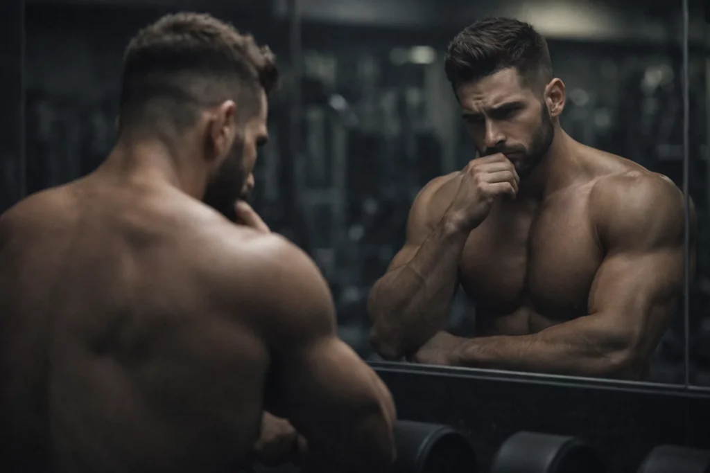 A thoughtful athlete looking at his reflection in a gym mirror, with a subdued, contemplative expression.