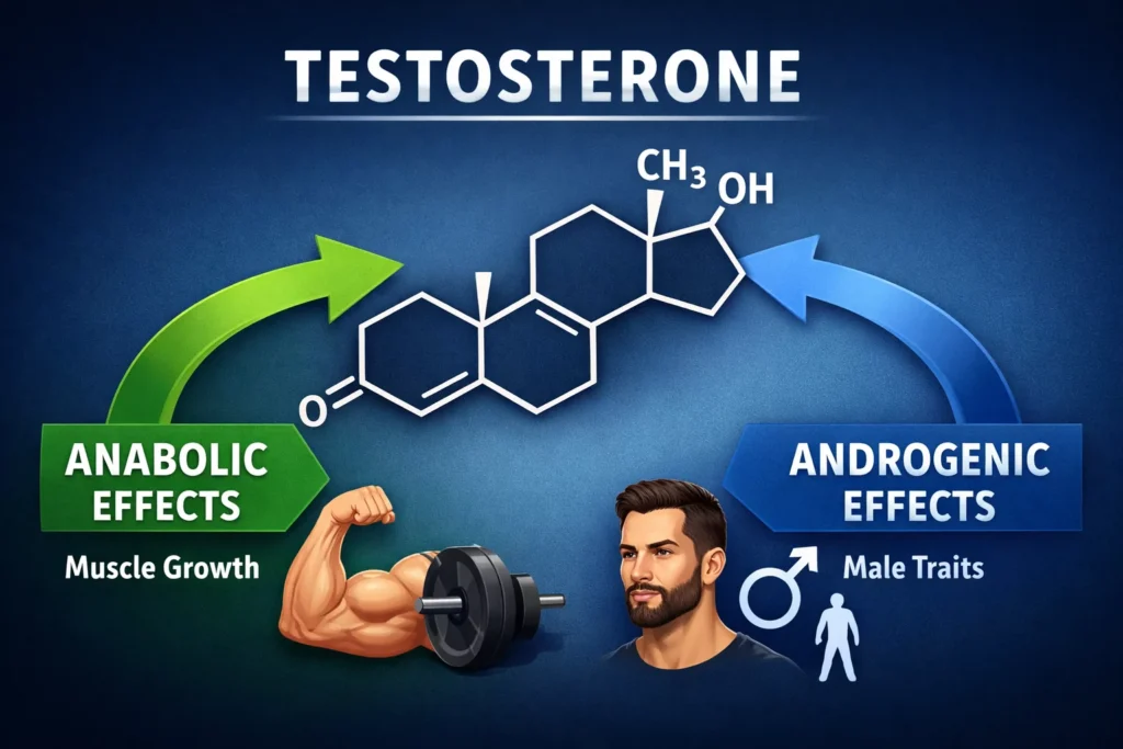 Diagram showing the testosterone molecule structure, with arrows splitting to illustrate the separate anabolic (muscle growth) and androgenic (male traits) pathways.